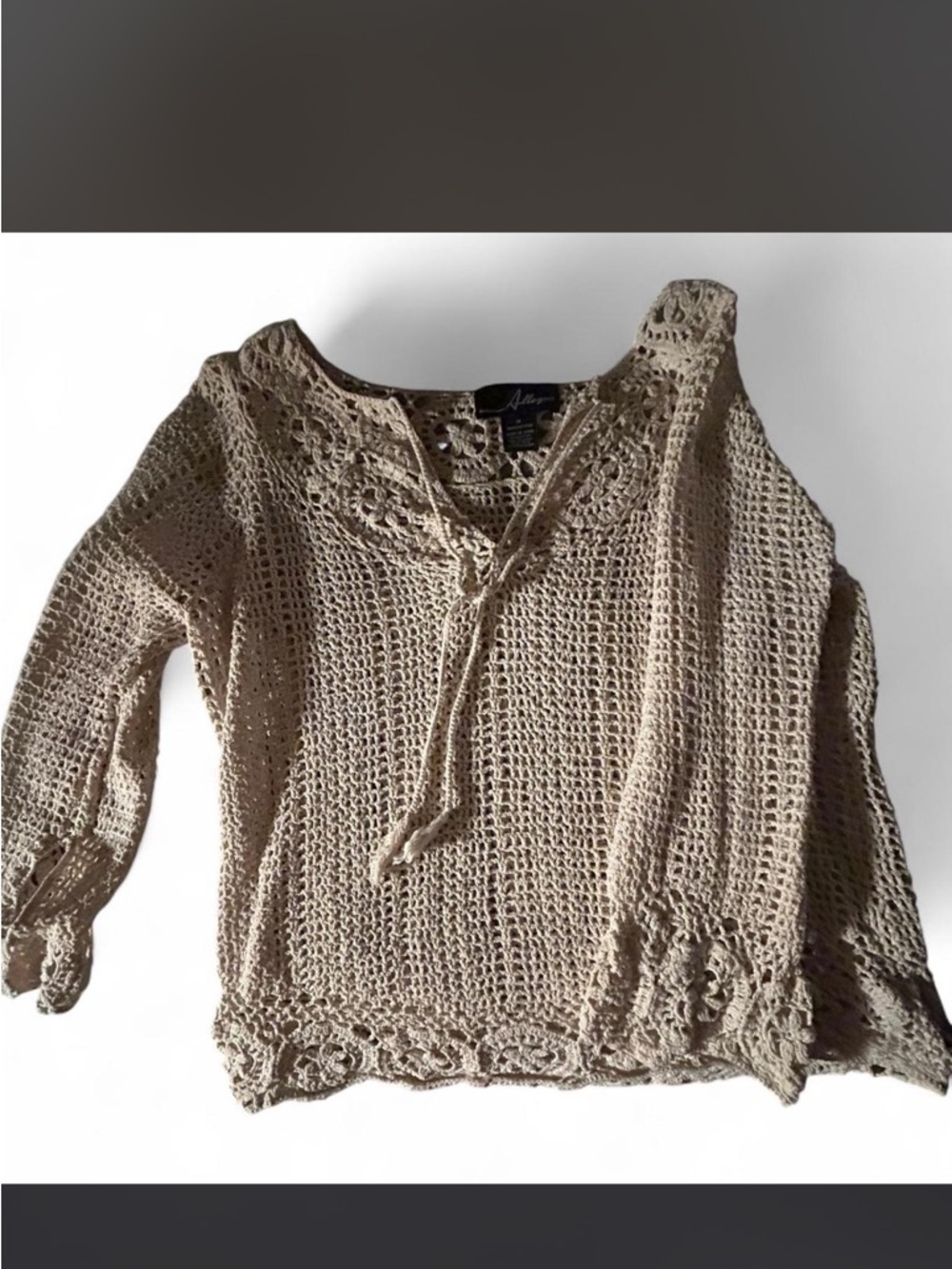 Allegra K Crochet Open-Knit V-Neck Pullover Sweater - Beige